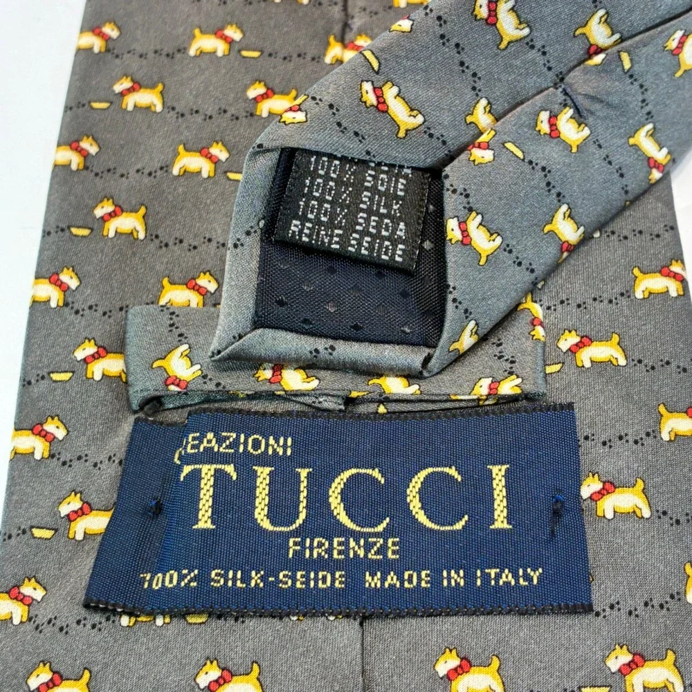 Tucci Firenze Italy Silk Tie Mens Grey Scottish Terrier Dog Print Animal Motif